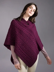 Cable Poncho with Aran Button Detail - Very Berry