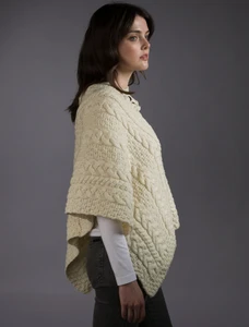 Cable Poncho with Aran Button Detail - White