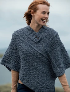 Cable Poncho with Aran Button Detail - Denim Marl