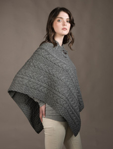 Cable Poncho with Aran Button Detail - Grey