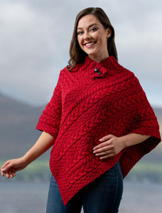 Cable Poncho with Aran Button Detail - Chillipepper