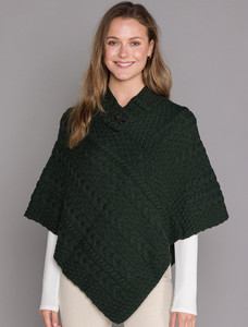 Cable Poncho with Aran Button Detail - Army Green