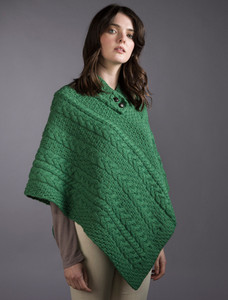Cable Poncho with Aran Button Detail - Kiwi
