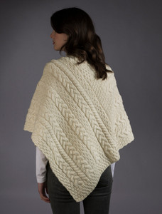 Cable Poncho with Aran Button Detail - Natural White
