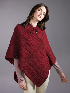 Cable Poncho with Aran Button Detail - Rich Red