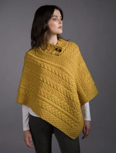 Cable Poncho with Aran Button Detail - Sunflower Yellow