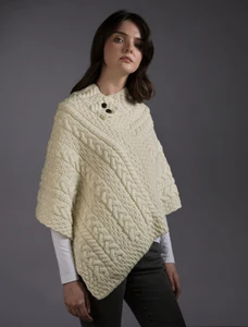 Cable Poncho with Aran Button Detail - Natural White