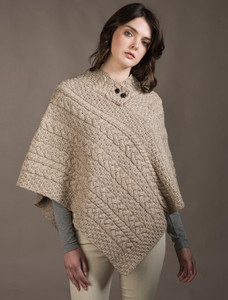 Cable Poncho with Aran Button Detail - Wicker