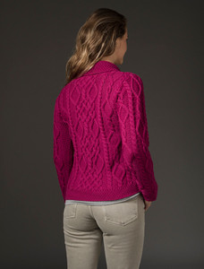 Revere Button Collar Aran Cardigan - Raspberry