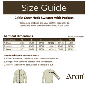 Cable Crew Neck Sweater with Pockets - Size Guide