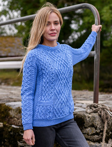Cable Crew Neck Sweater with Pockets - Wedgewood Blue