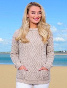 Cable Crew Neck Sweater with Pockets - Parsnip