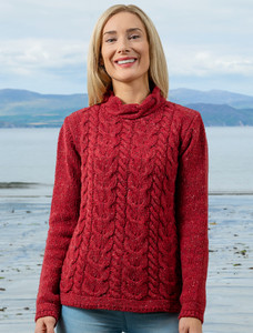 Wool Cashmere Aran Cable Merino Sweater - Red