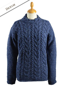 Wool Cashmere Aran Cable Merino Sweater - Denim