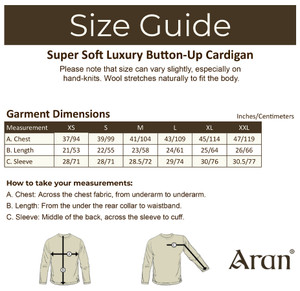 Cable Aran Cardigan with Zipper - Size Guide