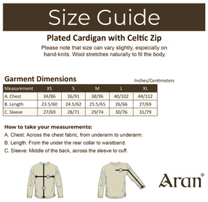 Plated Cardigan with Celtic Zip - Size Guide