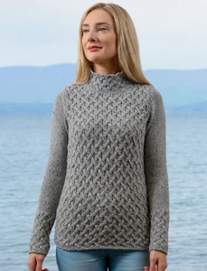 Wool Cashmere Aran Trellis Sweater -  Light Grey
