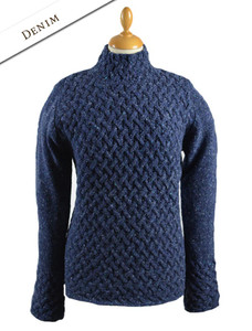 Wool Cashmere Aran Trellis Sweater - Denim