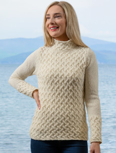 Wool Cashmere Aran Trellis Sweater - White