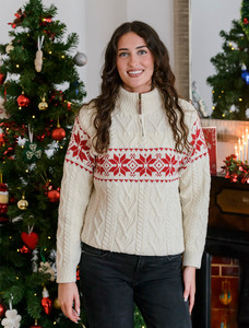 Women's Winter Fair Isle Zip-Neck Aran - Natural/Cherry
