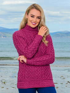 Super Soft Polo Neck Aran Sweater - Magenta