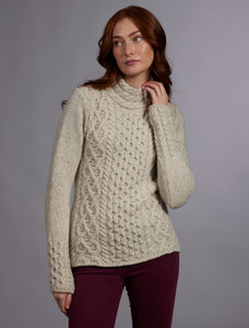 Women's Wool Cashmere Aran Mock Turtleneck Sweater - Chalkstone