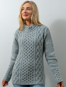 Women's Wool Cashmere Aran Mock Turtleneck Sweater - Sky