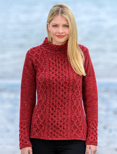 Women's Wool Cashmere Aran Mock Turtleneck Sweater - Red