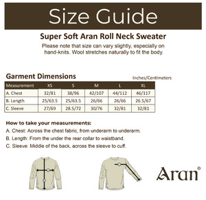 Super Soft Aran Roll Neck Sweater - Size Guide