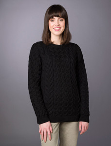 Women's Super Soft Aran Crew Neck Sweater - Black