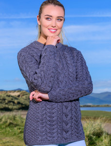 Rope Cable Crew Aran Sweater - Steel Marl