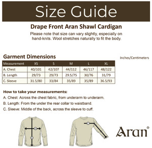 Drape Front Aran Shawl Cardigan - Size Guide