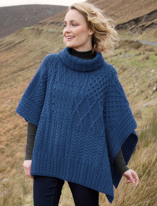 Merino Wool Patchwork Poncho with Collar - Denim