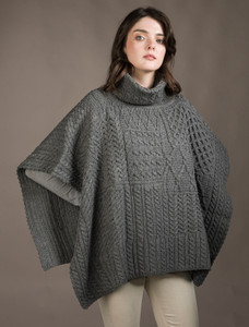 Merino Wool Patchwork Poncho with Collar - Grey