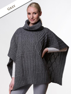 Merino Wool Patchwork Poncho with Collar - Grey