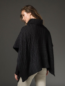 Merino Wool Patchwork Poncho with Collar - Black