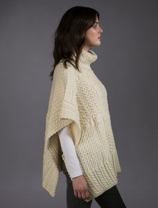 Merino Wool Patchwork Poncho with Collar - Natural White