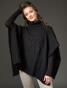 Merino Wool Patchwork Poncho with Collar - Black