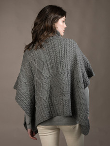 Merino Wool Patchwork Poncho with Collar - Grey