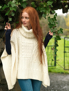 Merino Wool Patchwork Poncho with Collar - Natural White