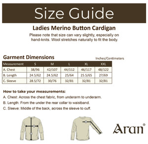 Ladies Merino Button Cardigan - Size Guide