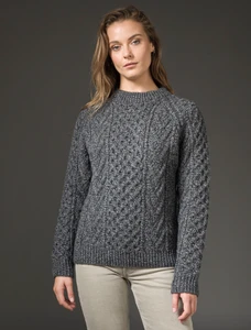 Handknit New Wool Honeycomb Stitch Aran Sweater - Charcoal