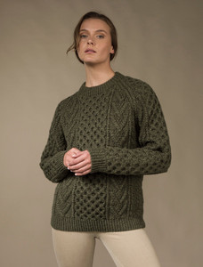 Handknit New Wool Honeycomb Stitch Aran Sweater - Moss