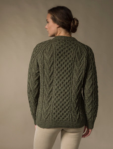 Handknit New Wool Honeycomb Stitch Aran Sweater - Moss