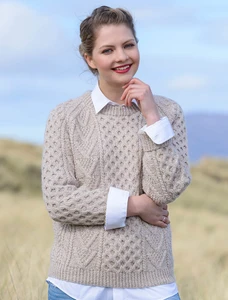 Handknit New Wool Honeycomb Stitch Aran Sweater - Honey Oat