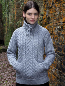 Super Soft Aran Cowl Neck Sweater - Soft Grey