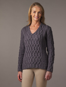 Lattice Cable V Neck Sweater - Steel Marl