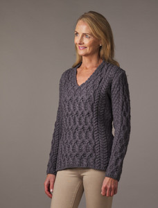 Lattice Cable V Neck Sweater - Steel Marl