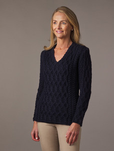 Lattice Cable V Neck Sweater - Navy