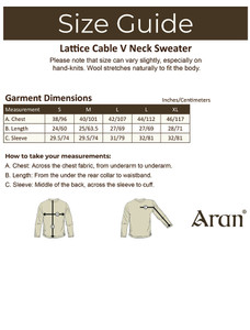 Lattice Cable V Neck Sweater - Size guide